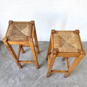 Pair of high stools in solid wood and woven straw Brutalist Style