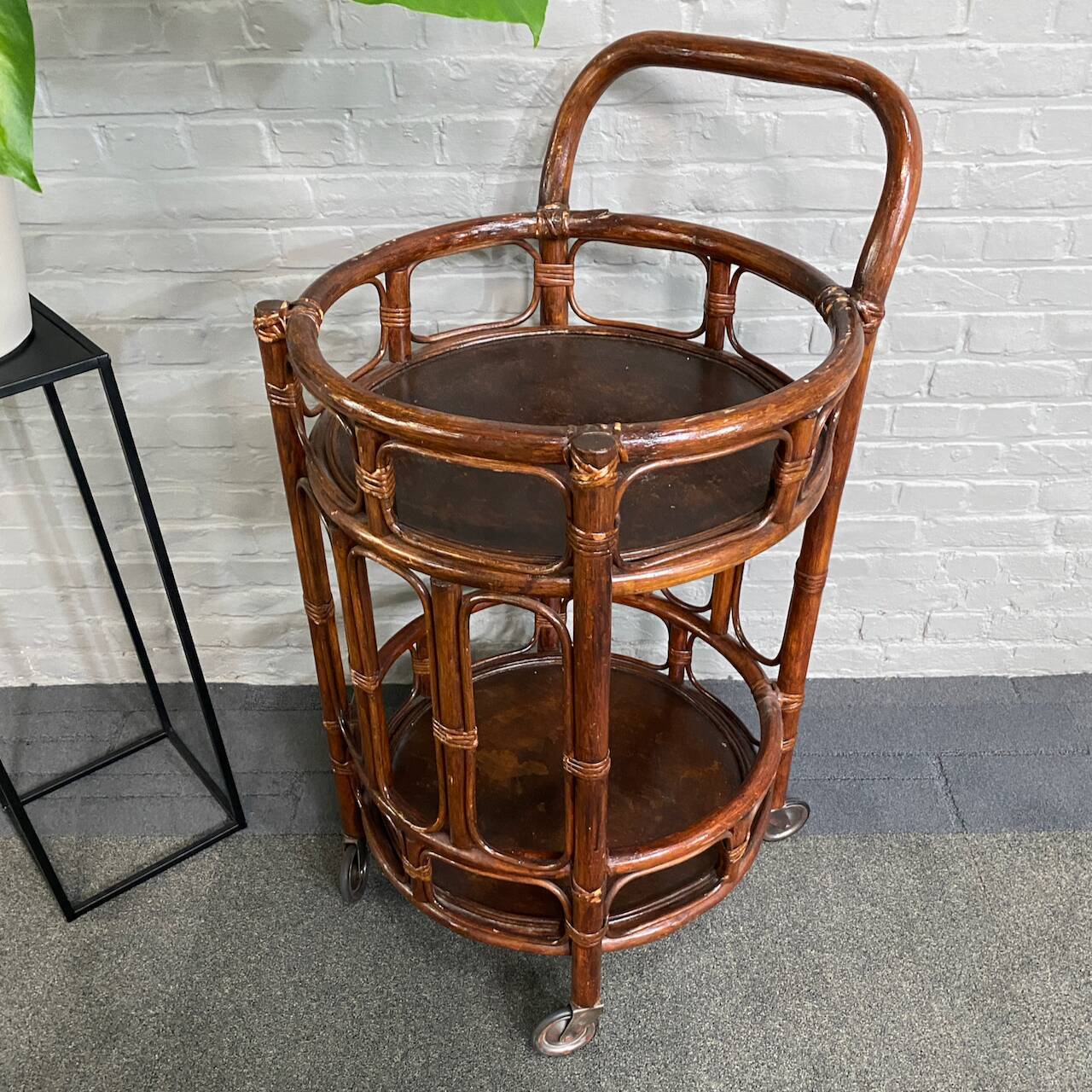 Round bamboo & rattan bar cart - italy 1960's