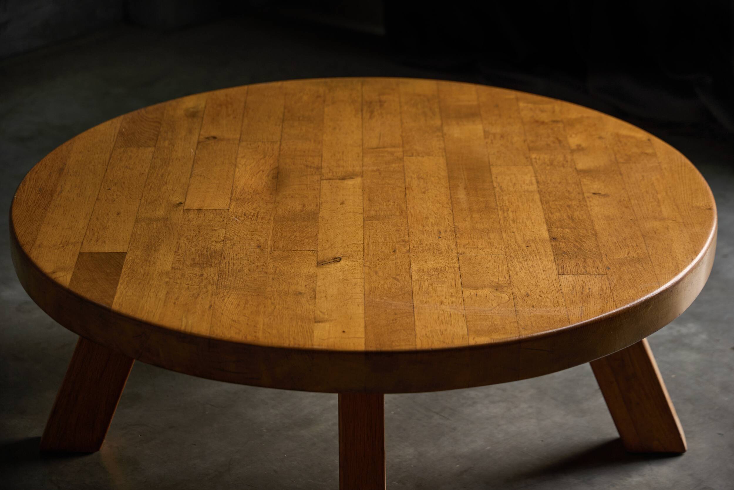 Brutalist Round Coffee Table in Solid Wood, France, 1960s