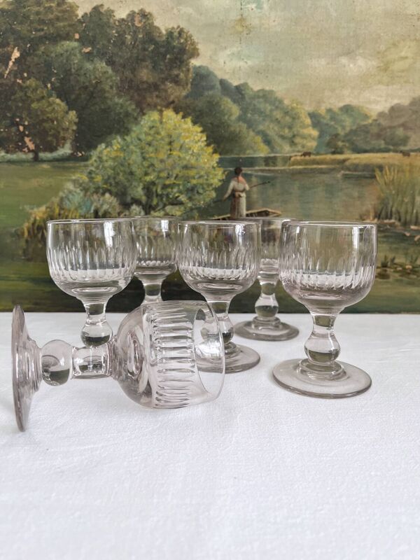 6 verres anciens à côtes creuses, fin 19ème