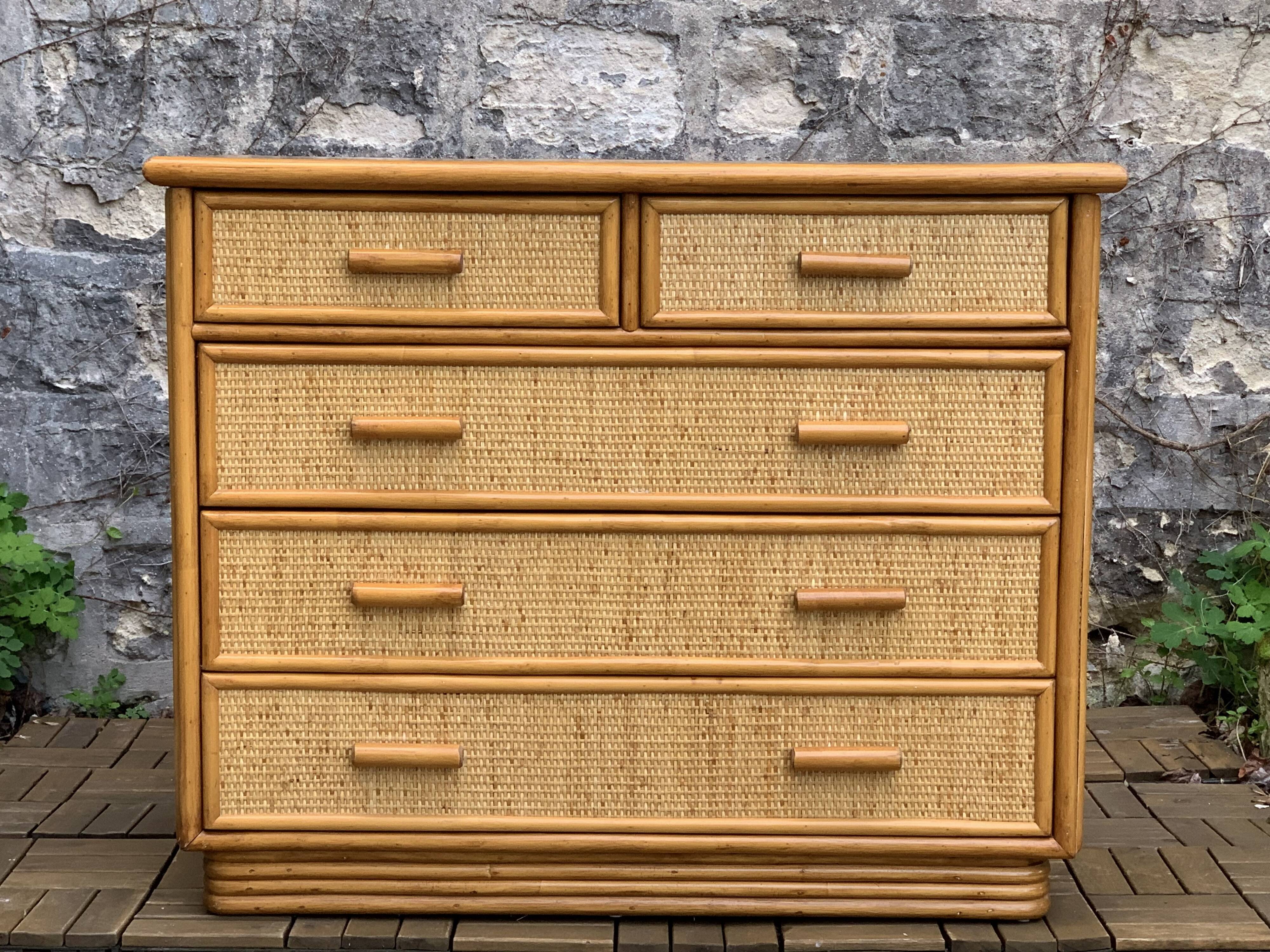 Vintage rattan and woven wicker chest of drawers 1970