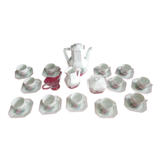 Coffee service with pink water lily, Limoges porcelain France