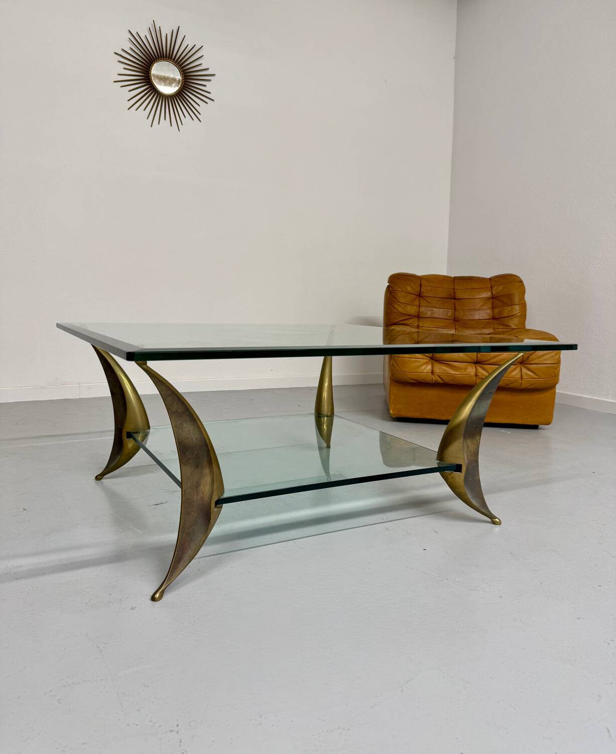 Glass coffee table with solid brass legs, Italian design from the 60s