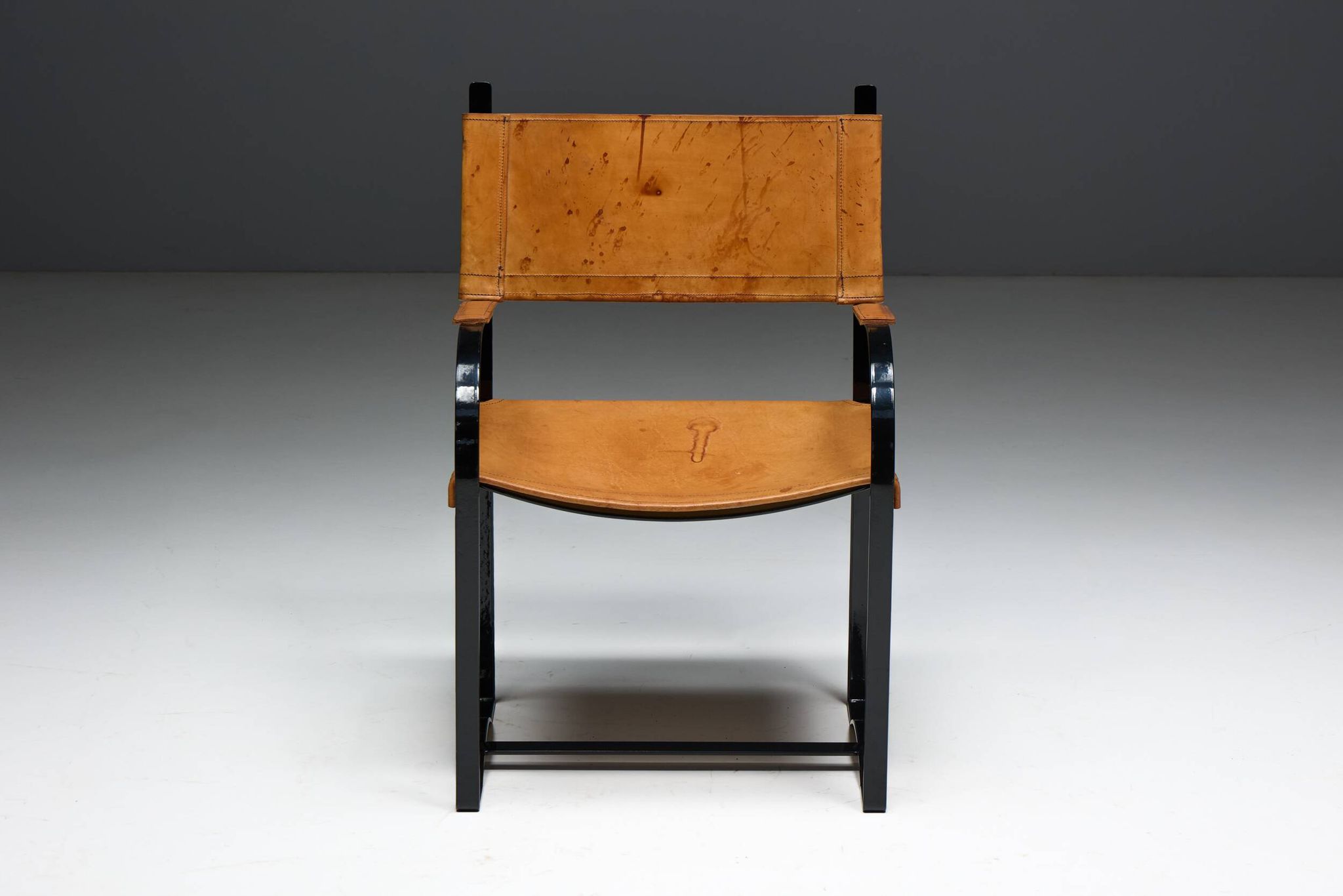 Cognac Leather Armchair, Black Lacquer Steel Frame, Belgium, 1960s