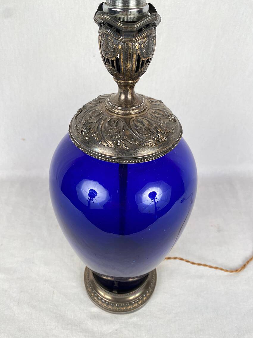 Risler and Carré. Large lamp in blue glass and silver frame, Minerve hallmark