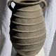 Large oval vase with double handles, featuring raised grey-beige stripes, H42 D28.