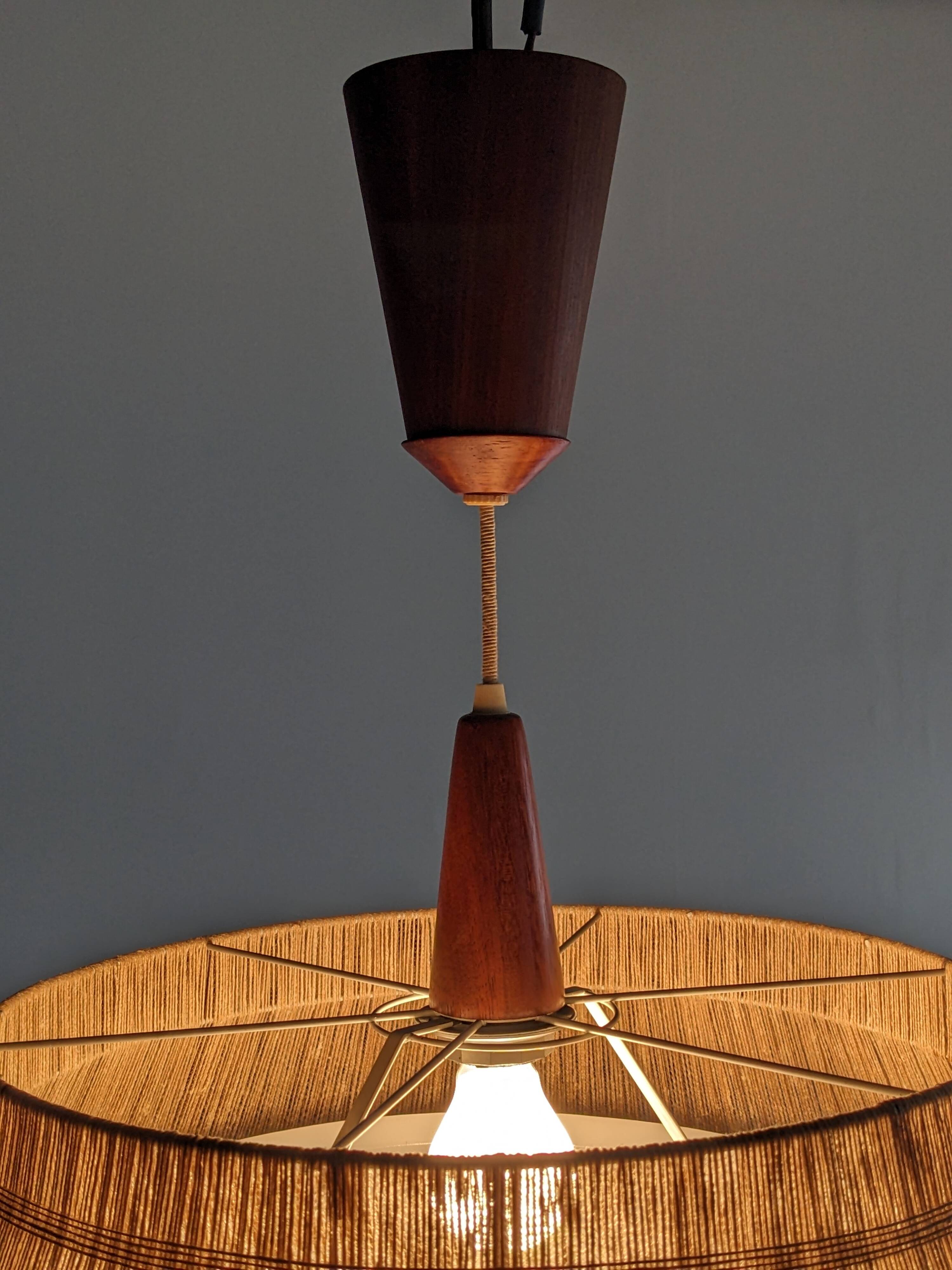 Teak and sisal pendant light from the 50s/60s by Temde Leuchten
