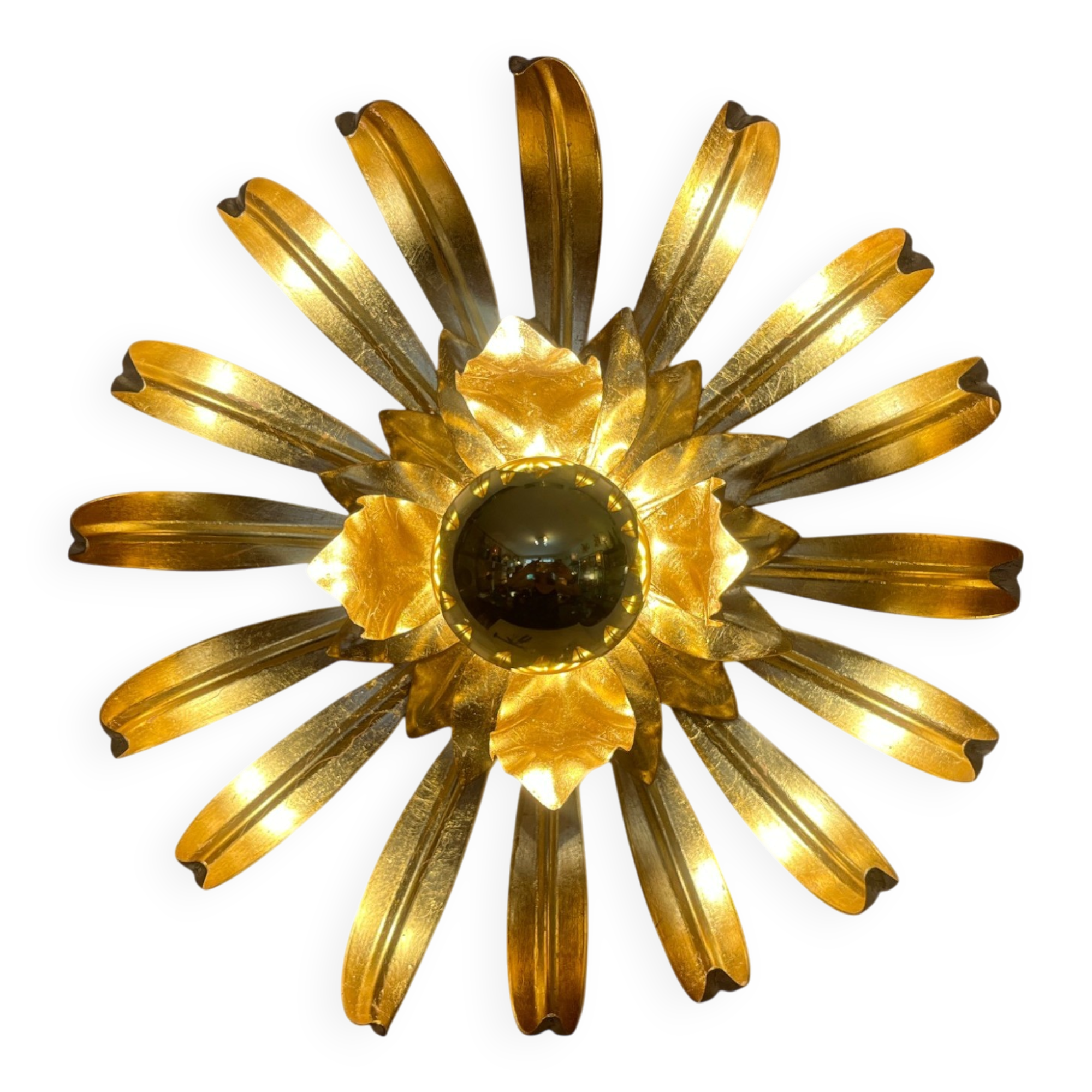 Vintage gold leaf metal wall light flower applique
