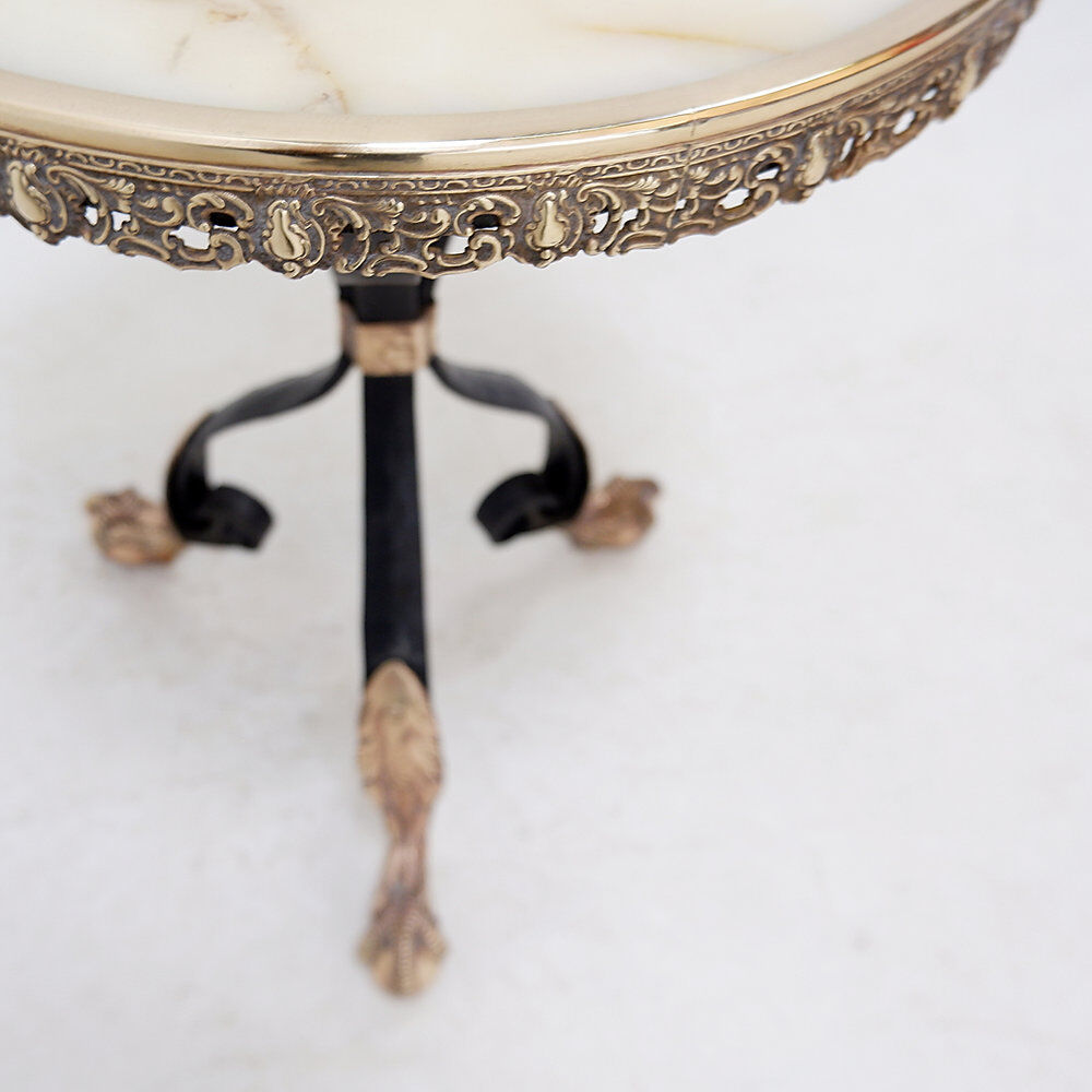 Tripod gueridon in wrought iron with brass decorations and alabaster top - 1950s