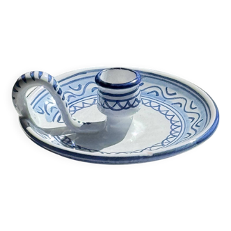 Petit bougeoir à main fait main blanc à motif de frise géométrique bleue H7