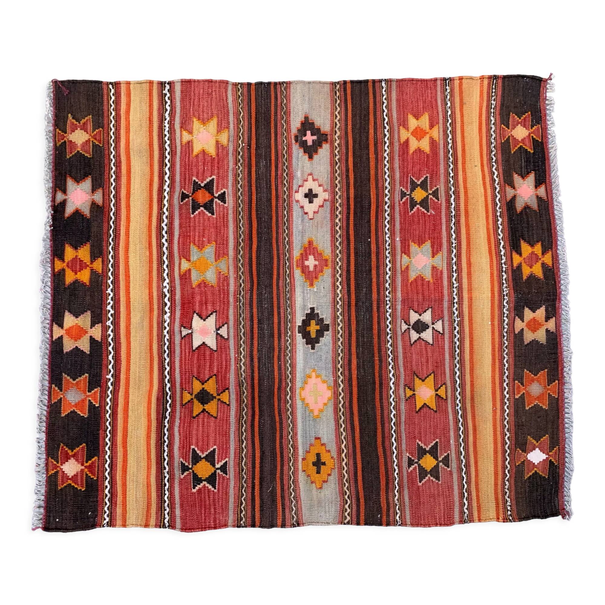 Medium Vintage Turkish Kilim Rug 110x97 cm Wool Kelim, Square