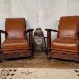 PAIR OF BRUTALIST ARMCHAIRS IN TEAK AND VINTAGE COGNAC LEATHER FROM THE 1950S