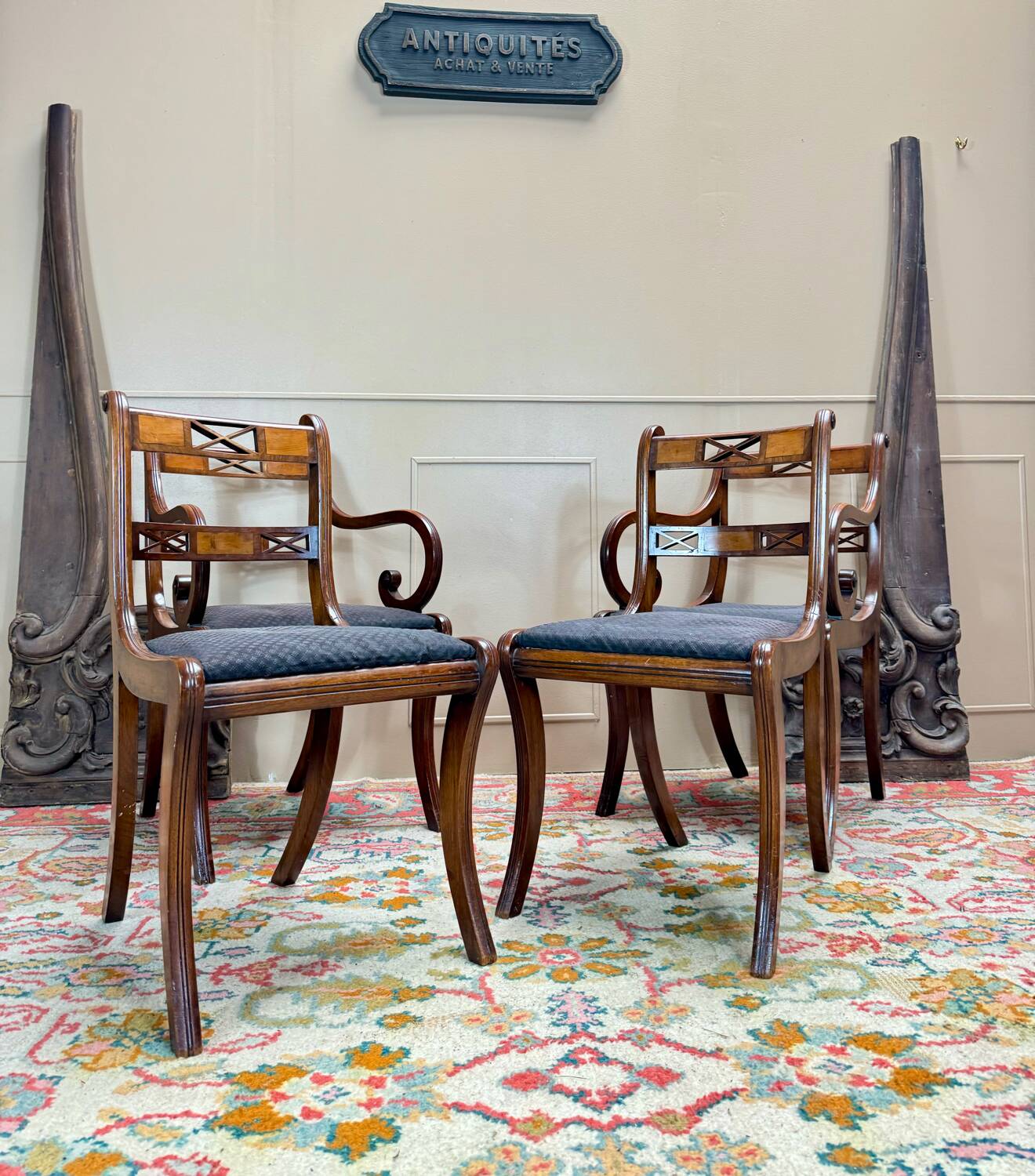Pair of Armchairs and Pair of Chairs in Mahogany, 20th Century
