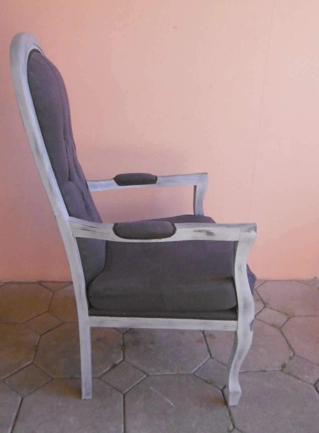 GREY PATINATED VOLTAIRE ARMCHAIR AND ANTHRACITE FABRIC