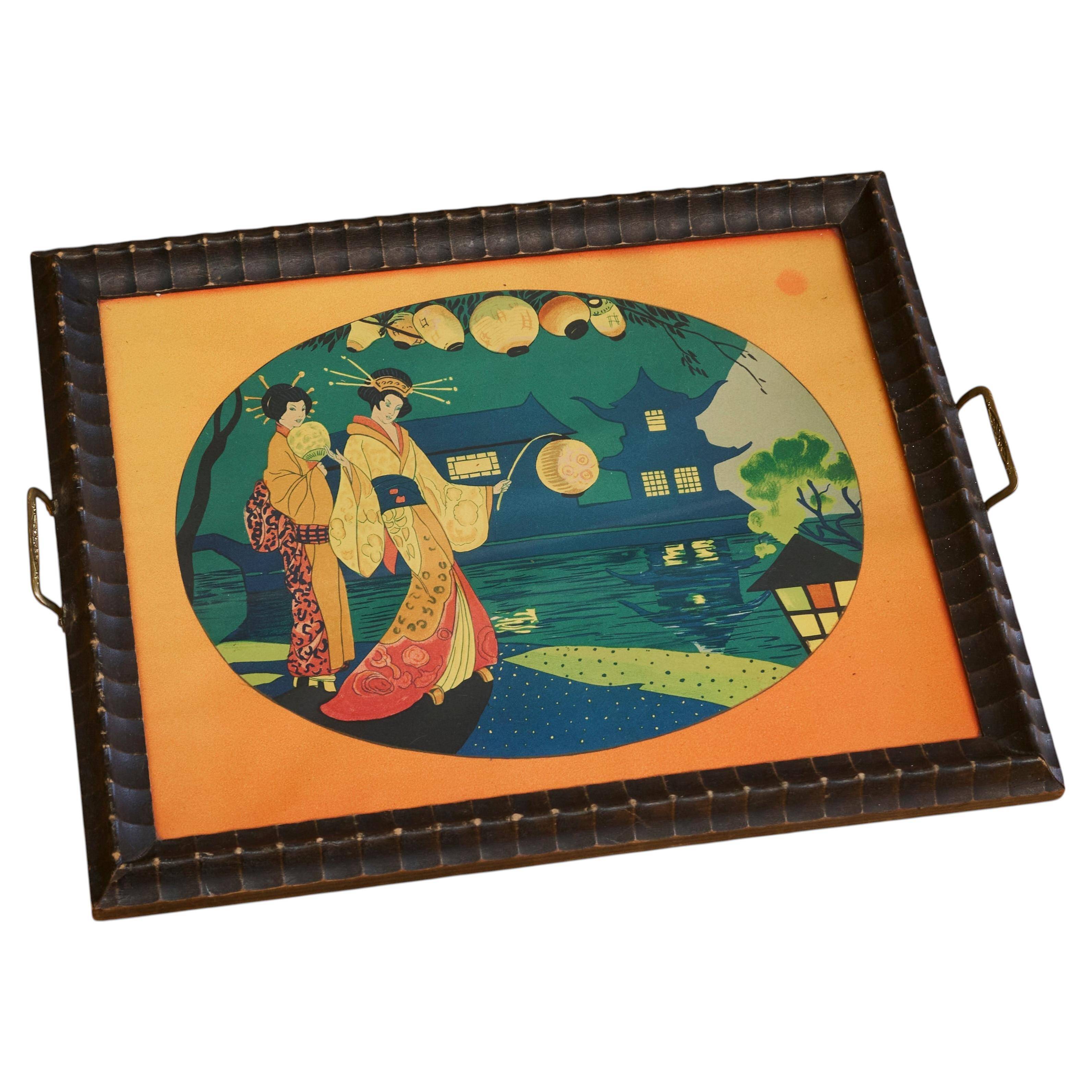 Art Deco Japanese-themed wooden and glass plateau, 1940s.