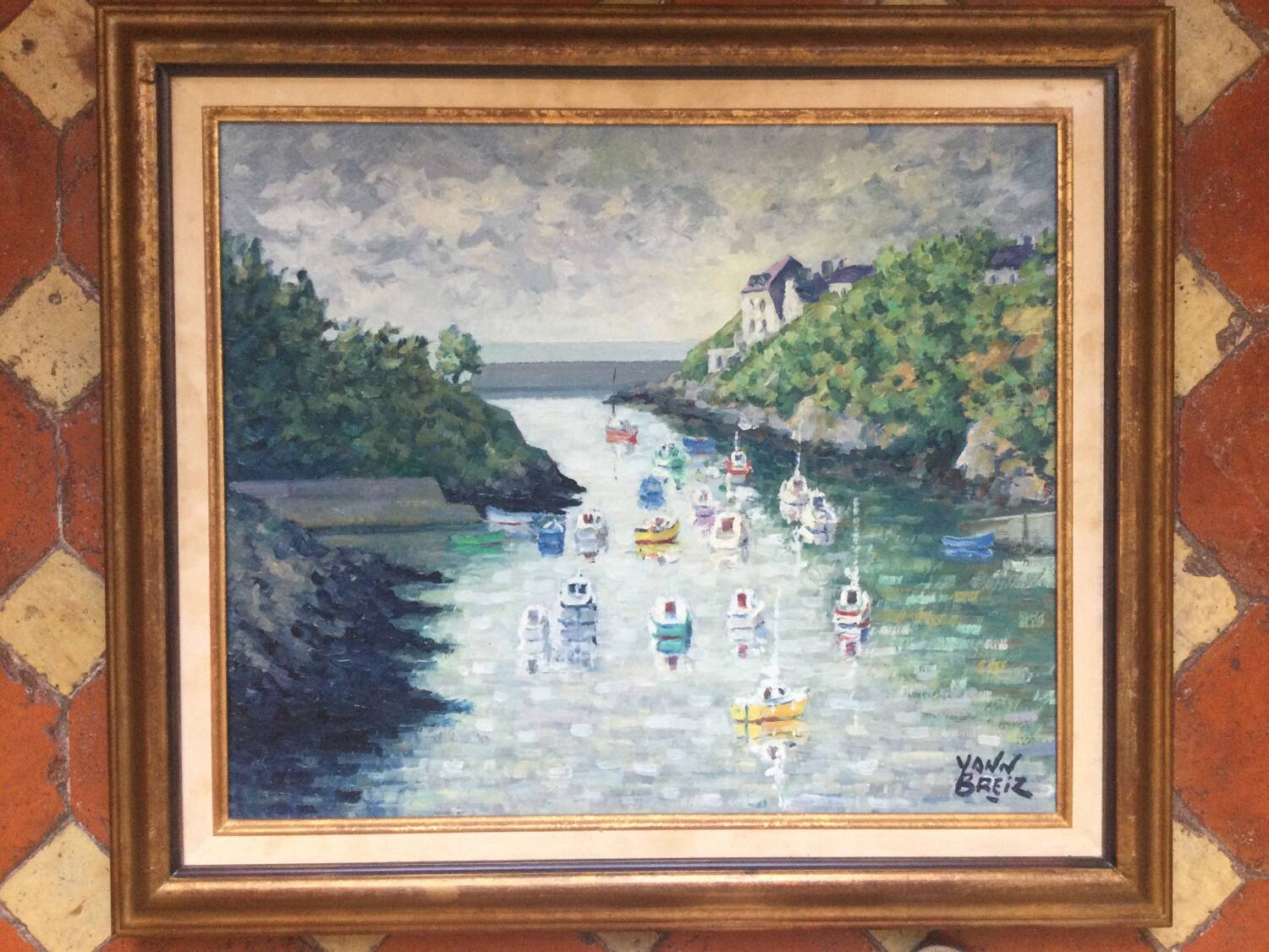 Oil on canvas by yann breiz (1923-2018). the port of brigneau, 1998.