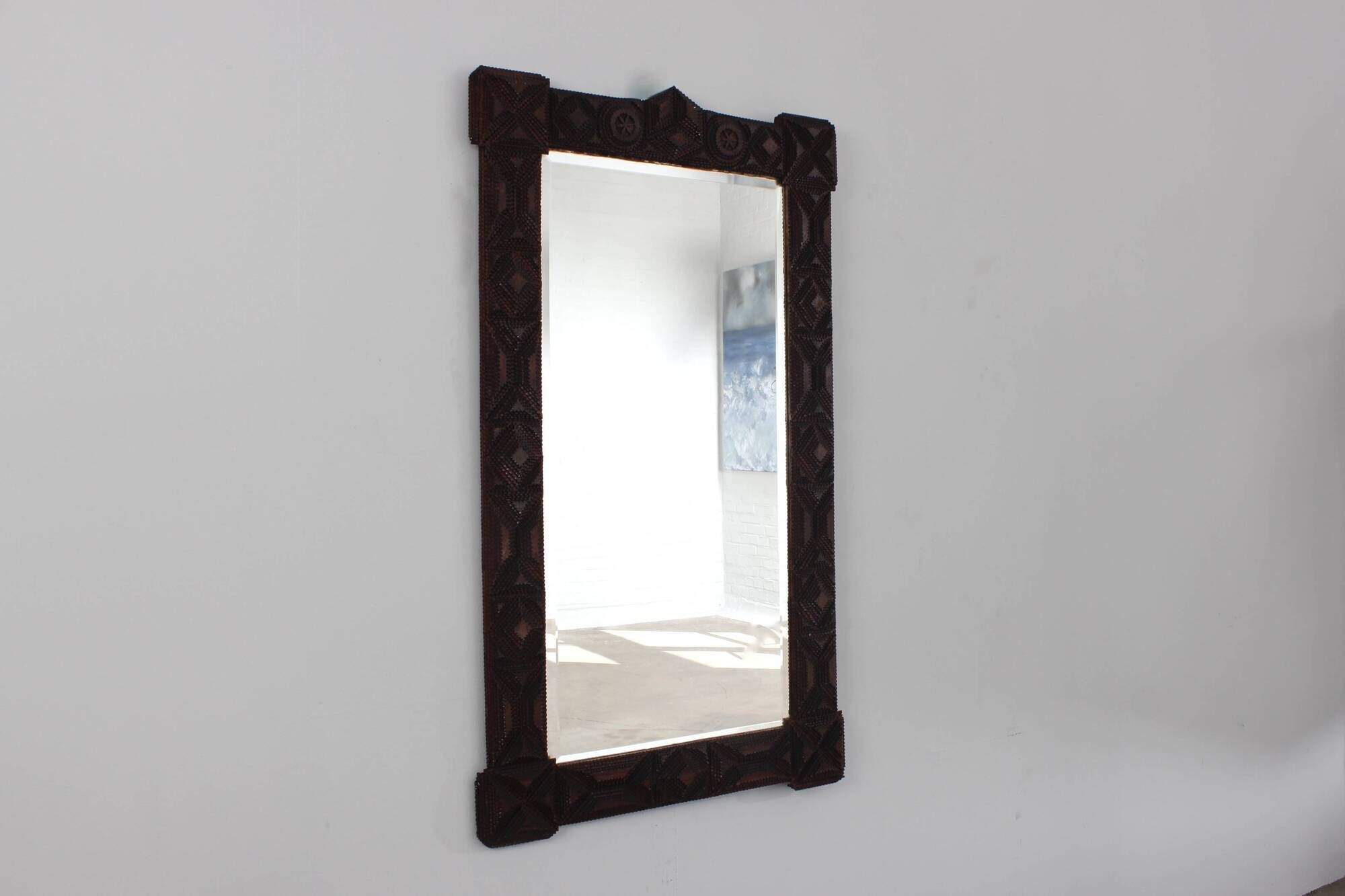 Antique Tramp Art wall mirror brutalism chip carving 1900