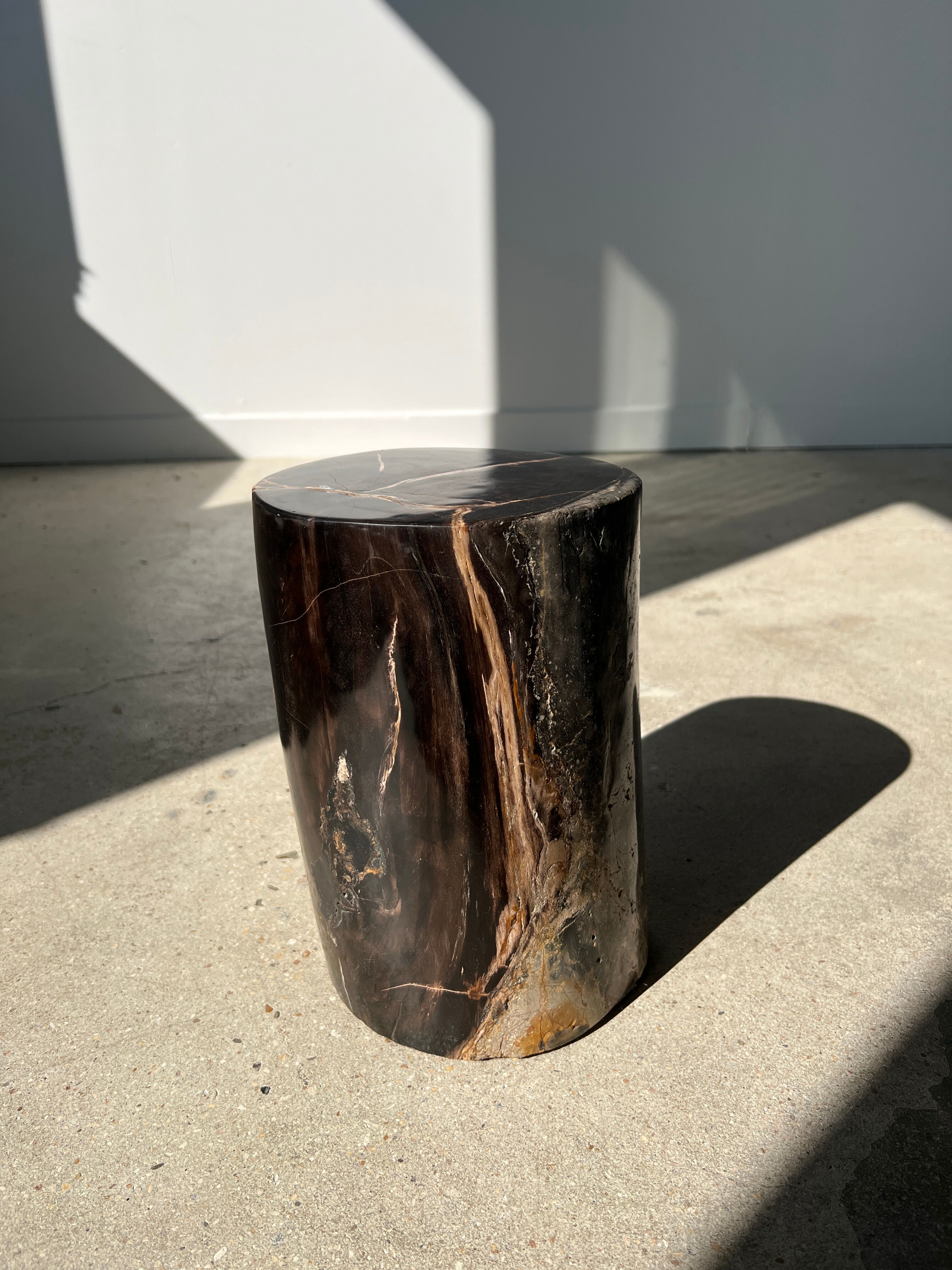 Side table in black petrified wood with light streaks h: 27,5cm d:18,5cm