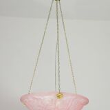 Pink Art Deco top quality pendant light with floral decorations, signed Degué