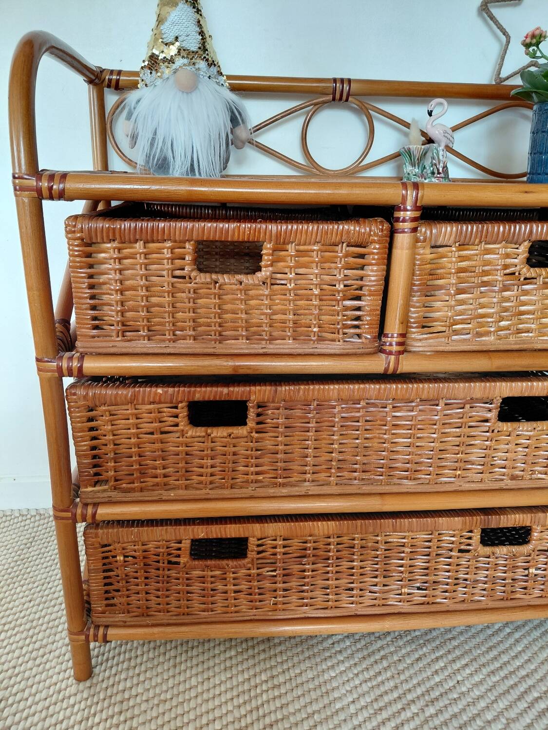 Commode vintage en rotin 4 tiroirs-esprit bohème-bord de mer