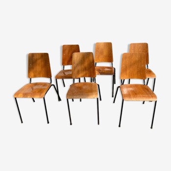 Suite de 6 chaises scandinave bois de placage et métal