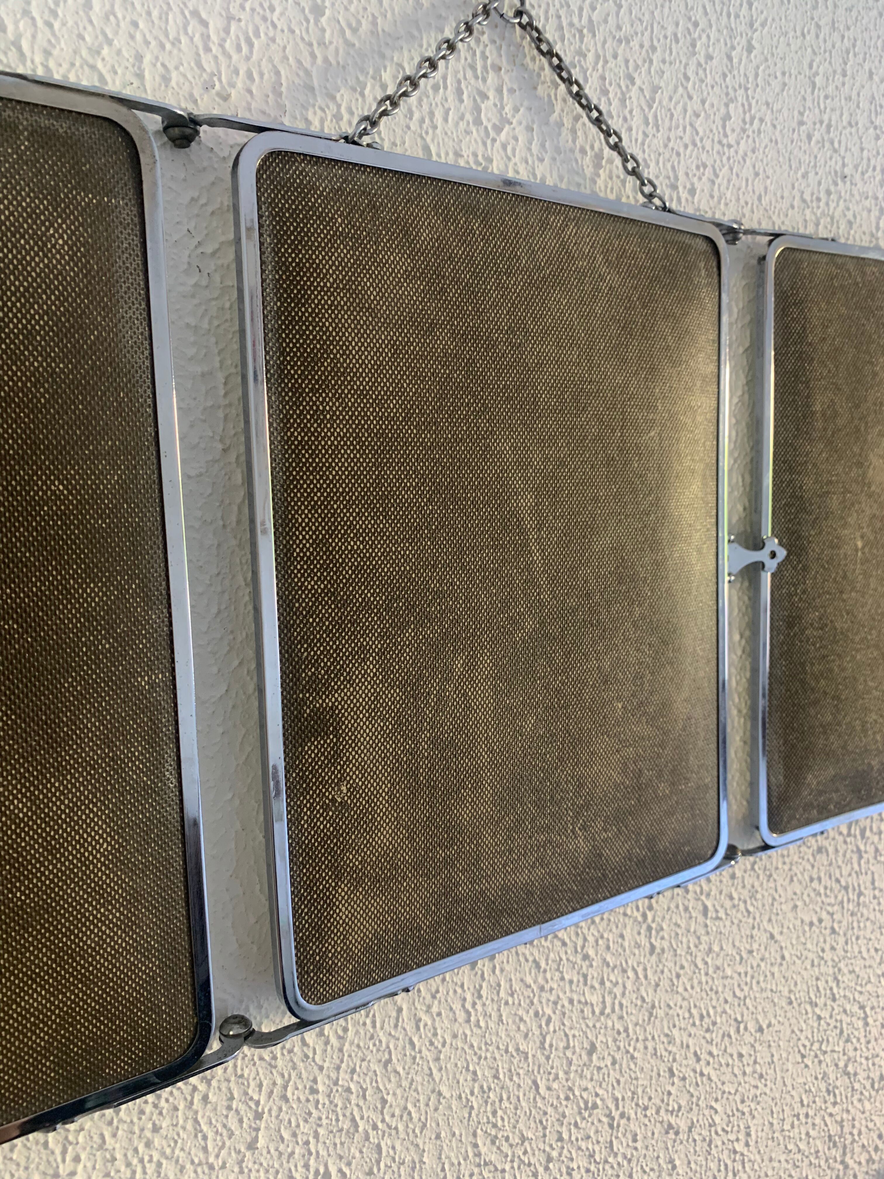 Vintage mirror 1930 triptych beveled barber iron gray - 28 x 69 cm