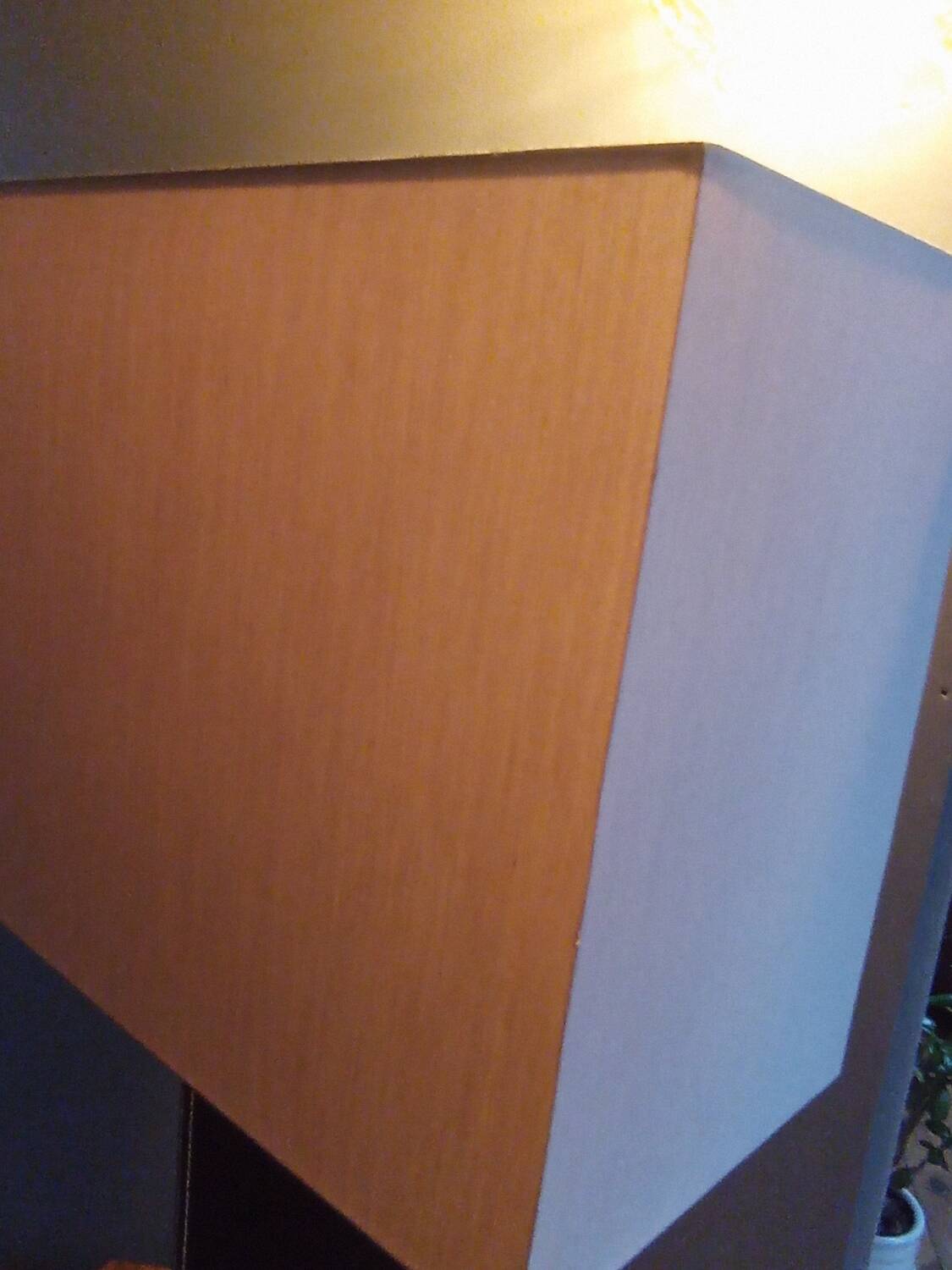 Tall cubic brown leather lamp, light gray fabric lampshade