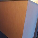 Tall cubic brown leather lamp, light gray fabric lampshade
