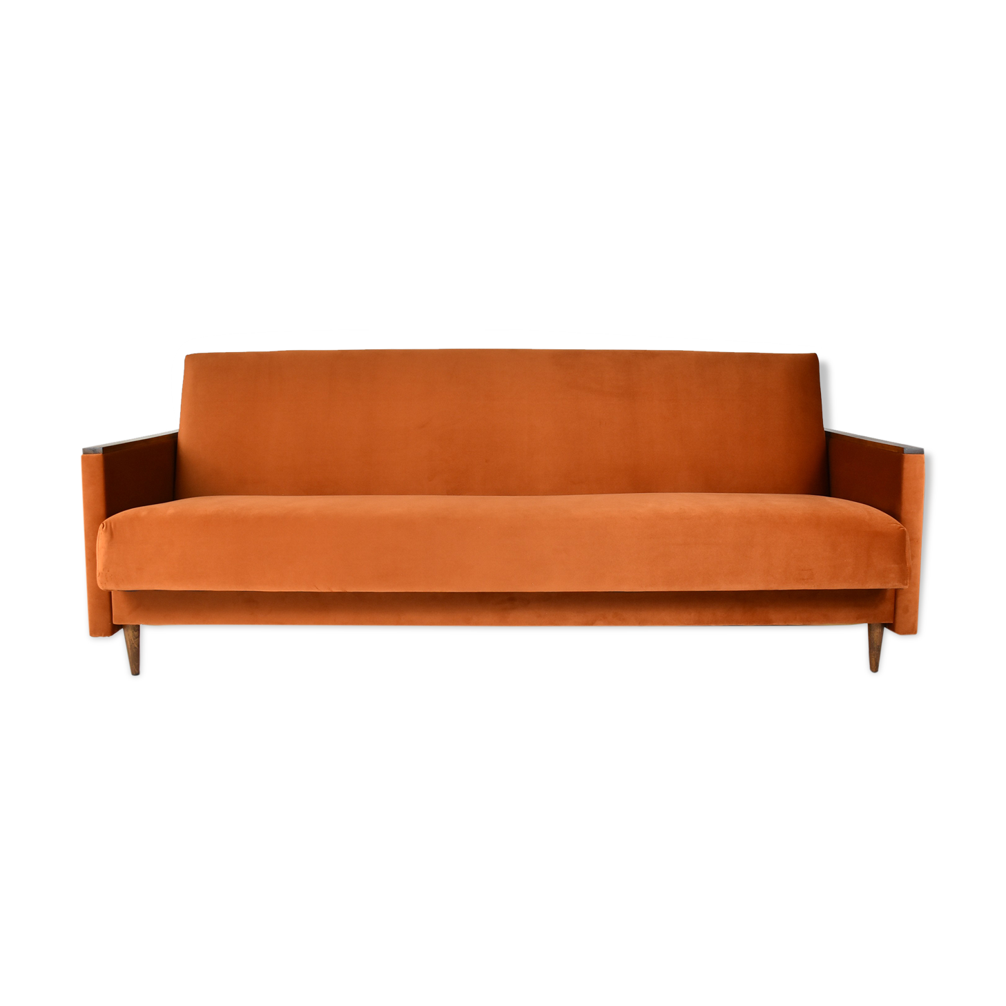Vintage sofa, convertible couch, fully restored, 1960s, russet orange velvet