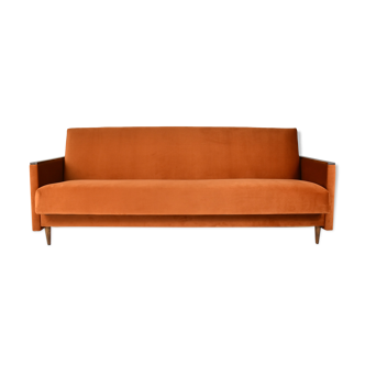 Vintage sofa, convertible couch, fully restored, 1960s, russet orange velvet