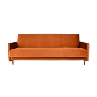 Canapé vintage, canapé convertible, entièrement restauré, années 1960, velours orange roussâtre