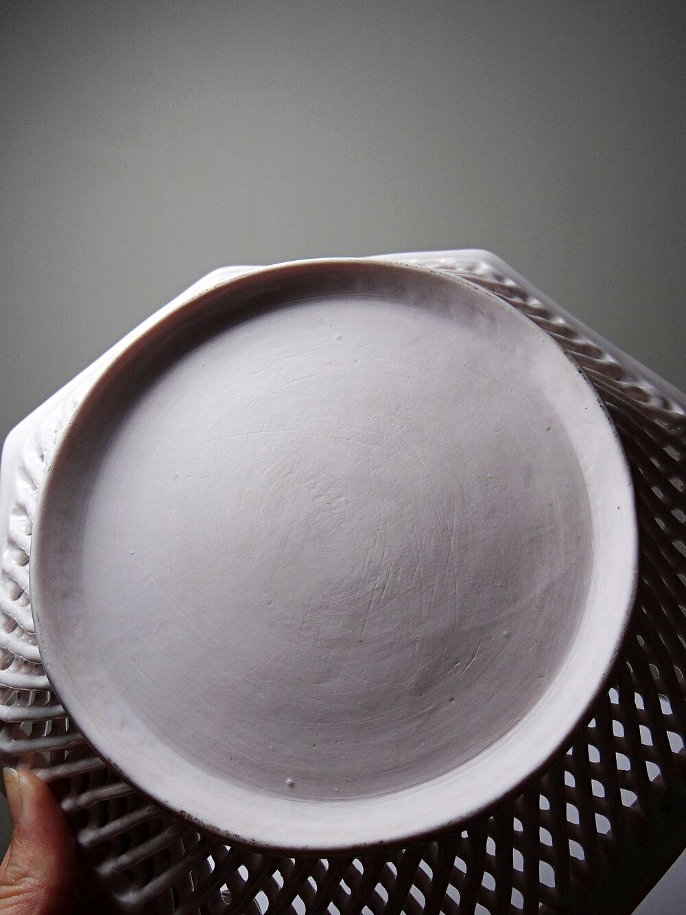 Pale pink woven octagonal porcelain bowl, circa 1950.