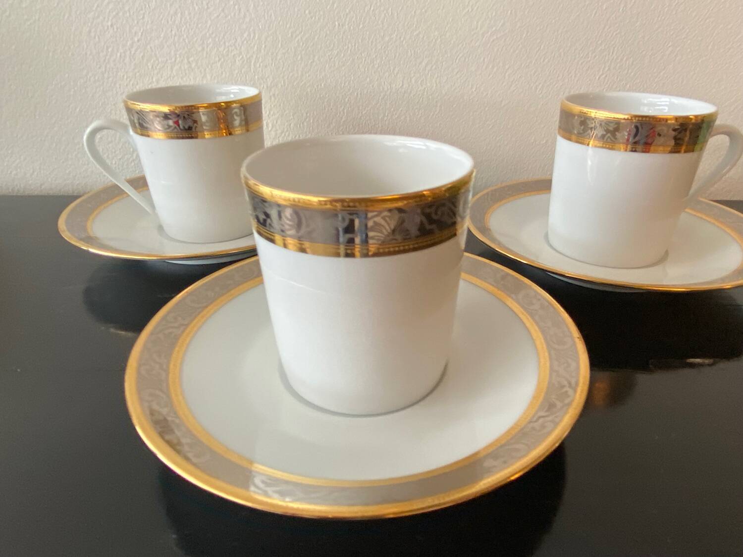 Trio of Limoges Sologne Porcelain Cups and Saucers