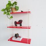 Mid century wall shelf in red and white in the string design, narrow modular hanging shelf