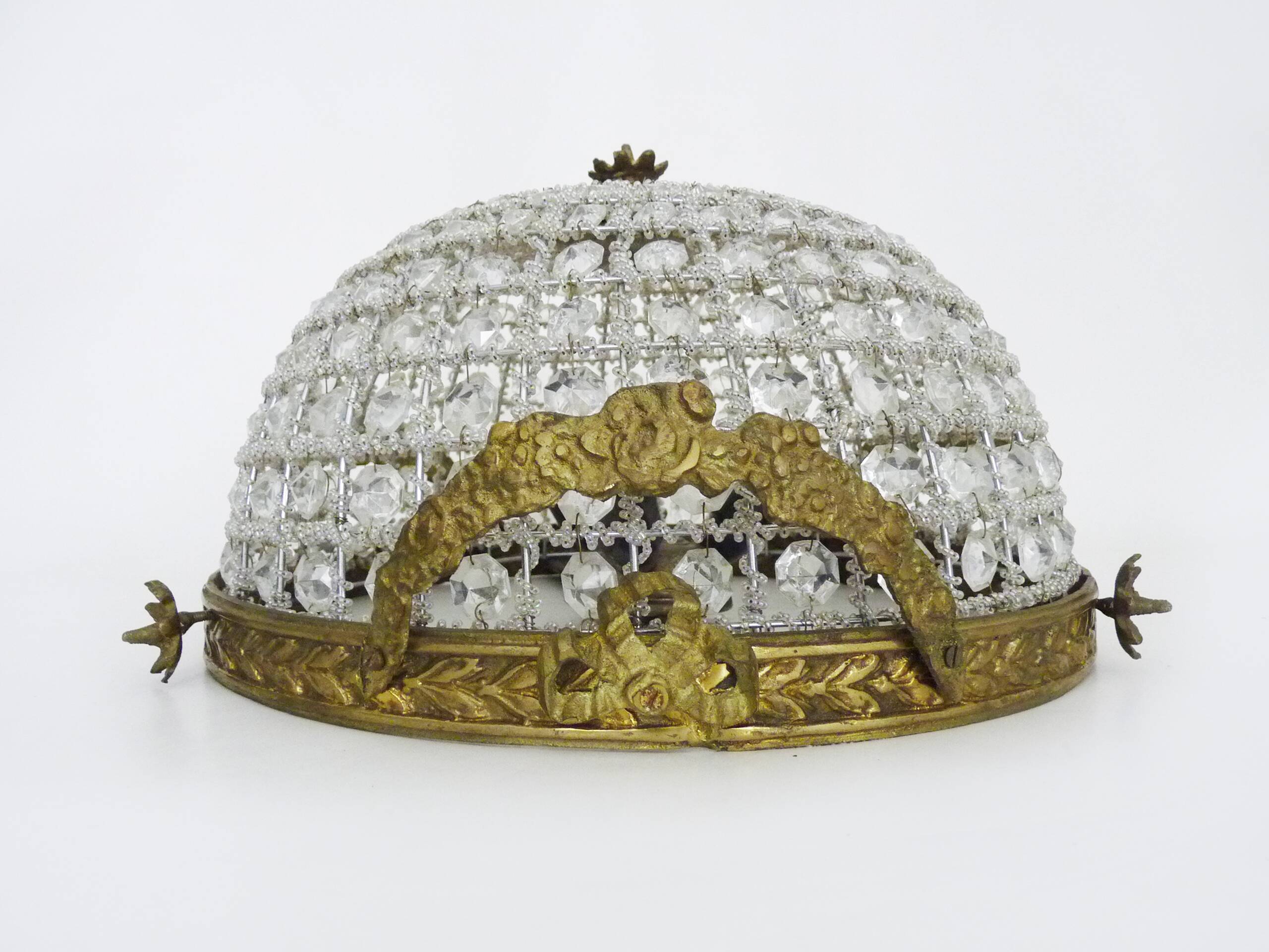 Half-basket ceiling light with 3 bronze lights and glass pendants. 1980s