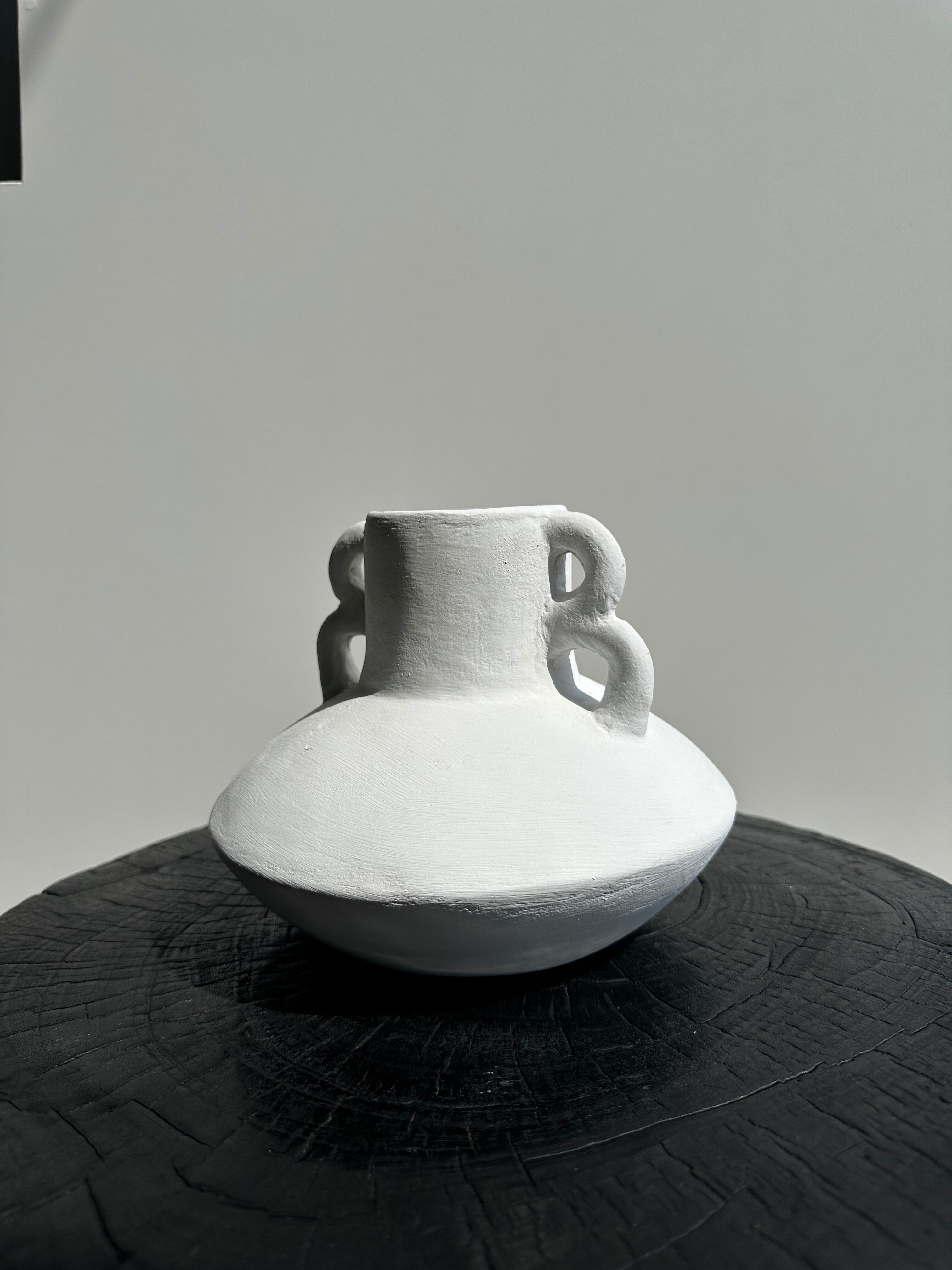 Handmade terracotta vase painted white with double handles H:16 D:20