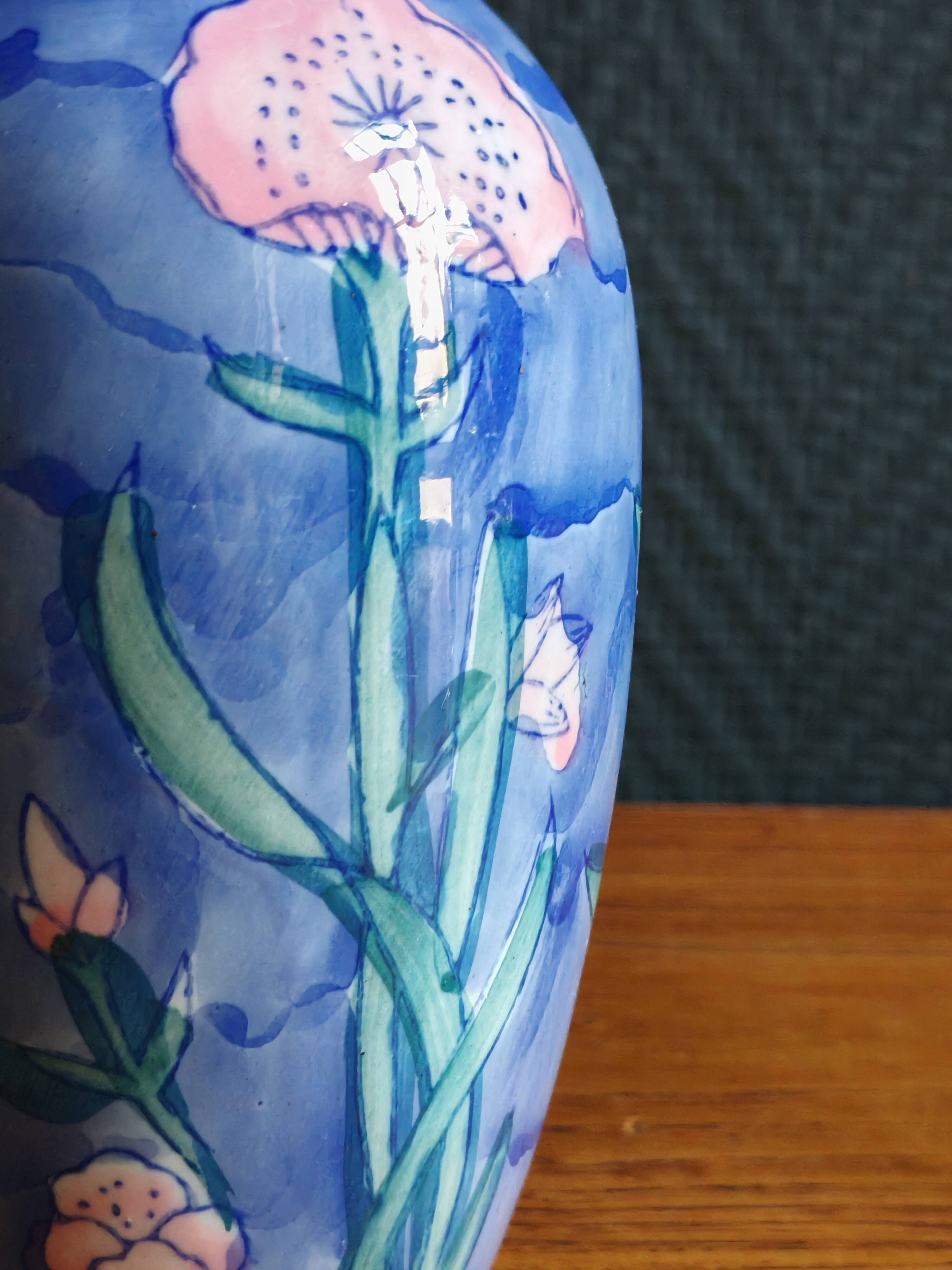 Vintage Blue Ceramic Vase with Pink Floral Decoration, Shabby Chic Style