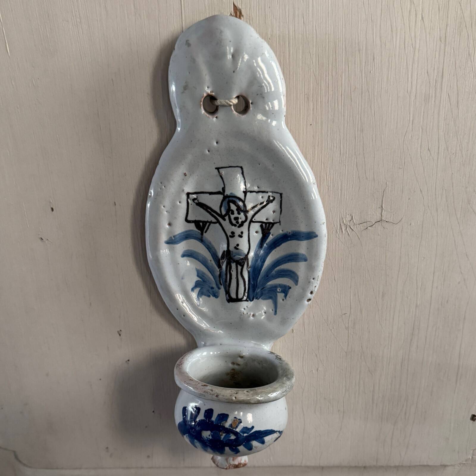 18th century Nevers earthenware holy water font