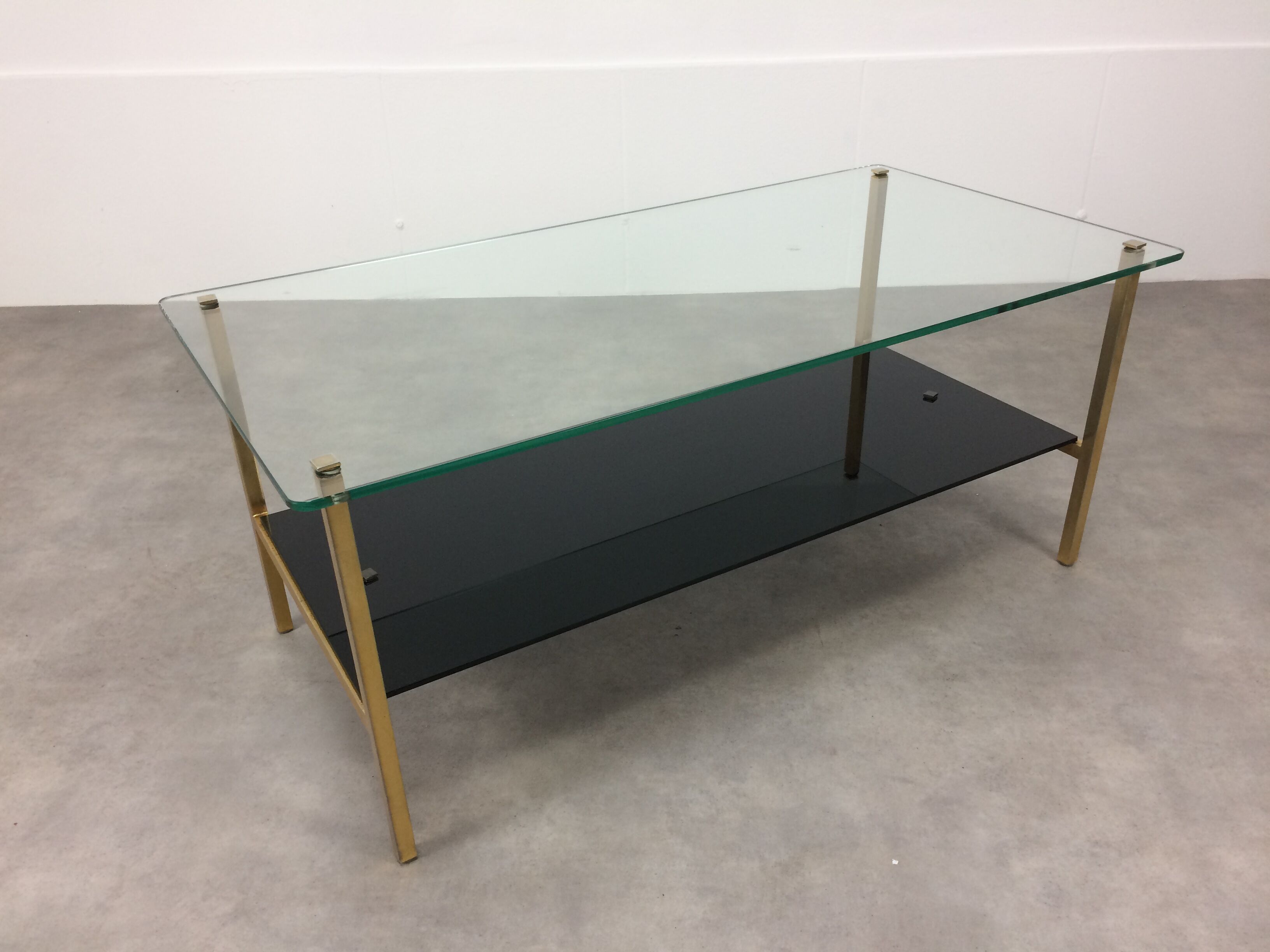 Coffee table 50s black glass and gold metal