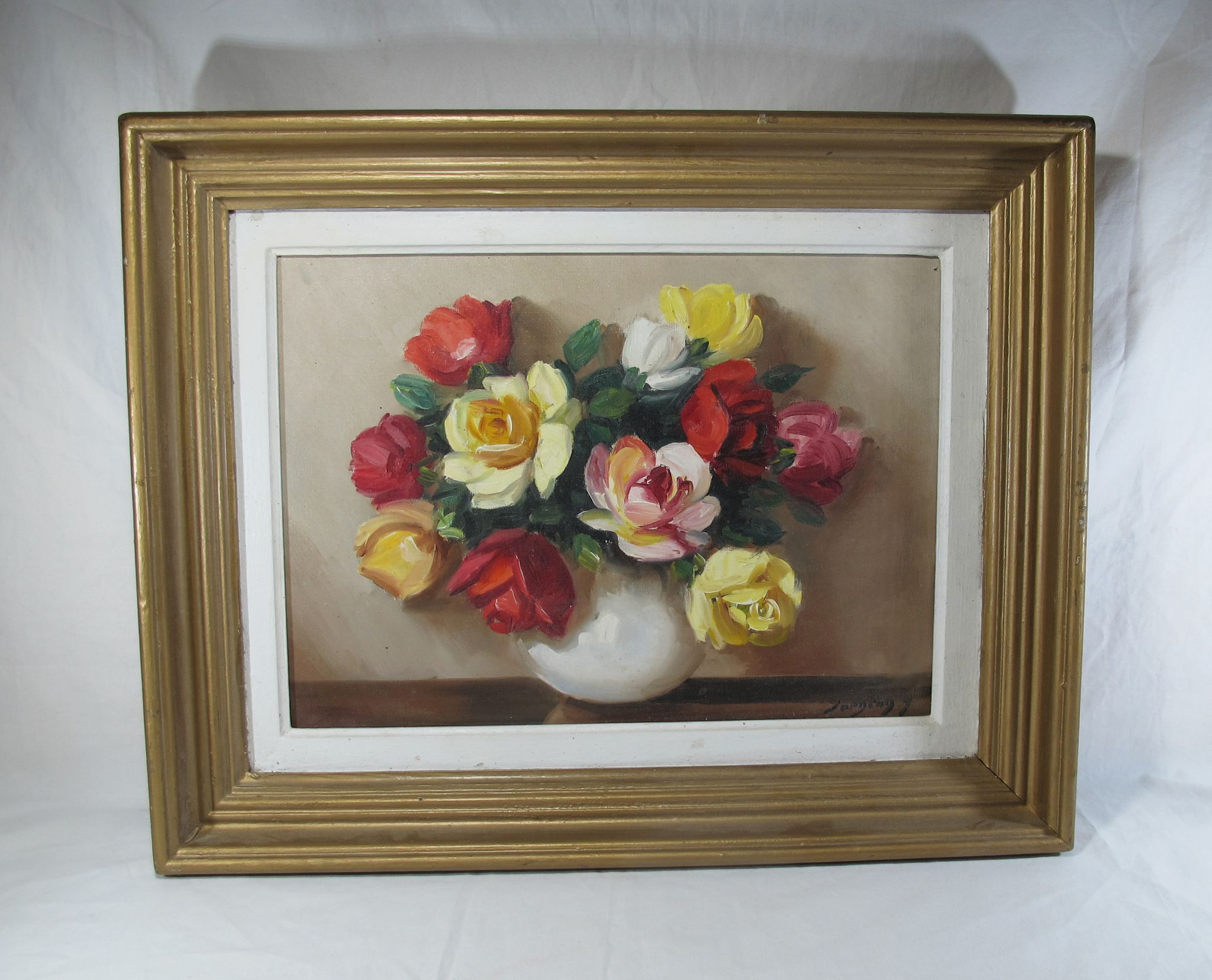 Oil on canvas still life vase bouquet of flowers signed