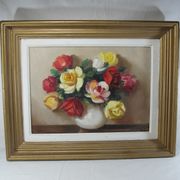 Oil on canvas still life vase bouquet of flowers signed
