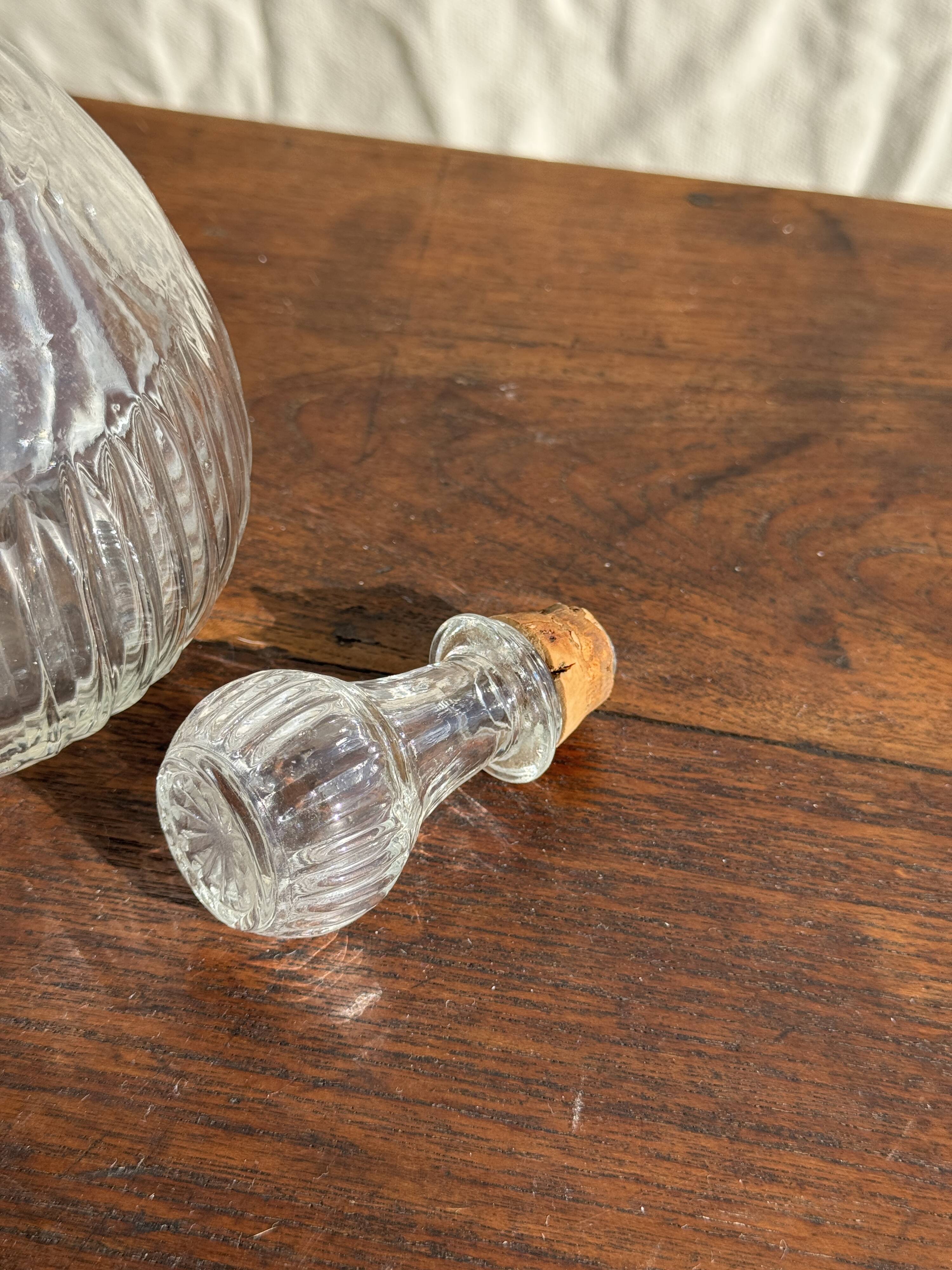 Vintage round-shaped glass carafe with cork stopper H27