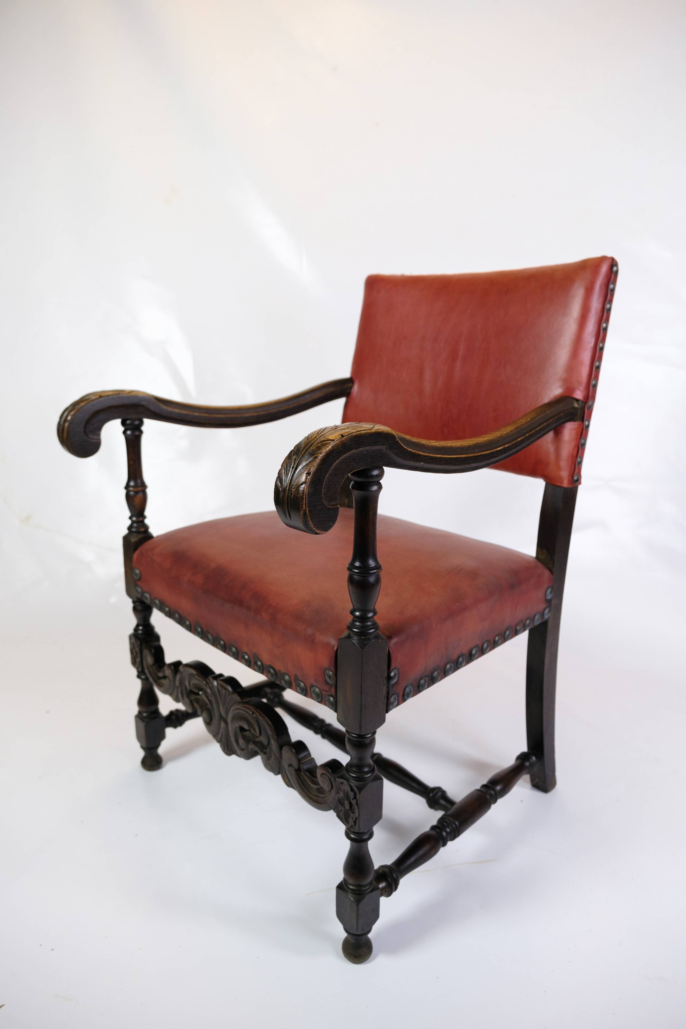Set Of 2 Antique Armchairs Made In Oak & Red Leather From 1930s