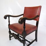 Ensemble de 2 fauteuils anciens en chêne et cuir rouge des années 1930