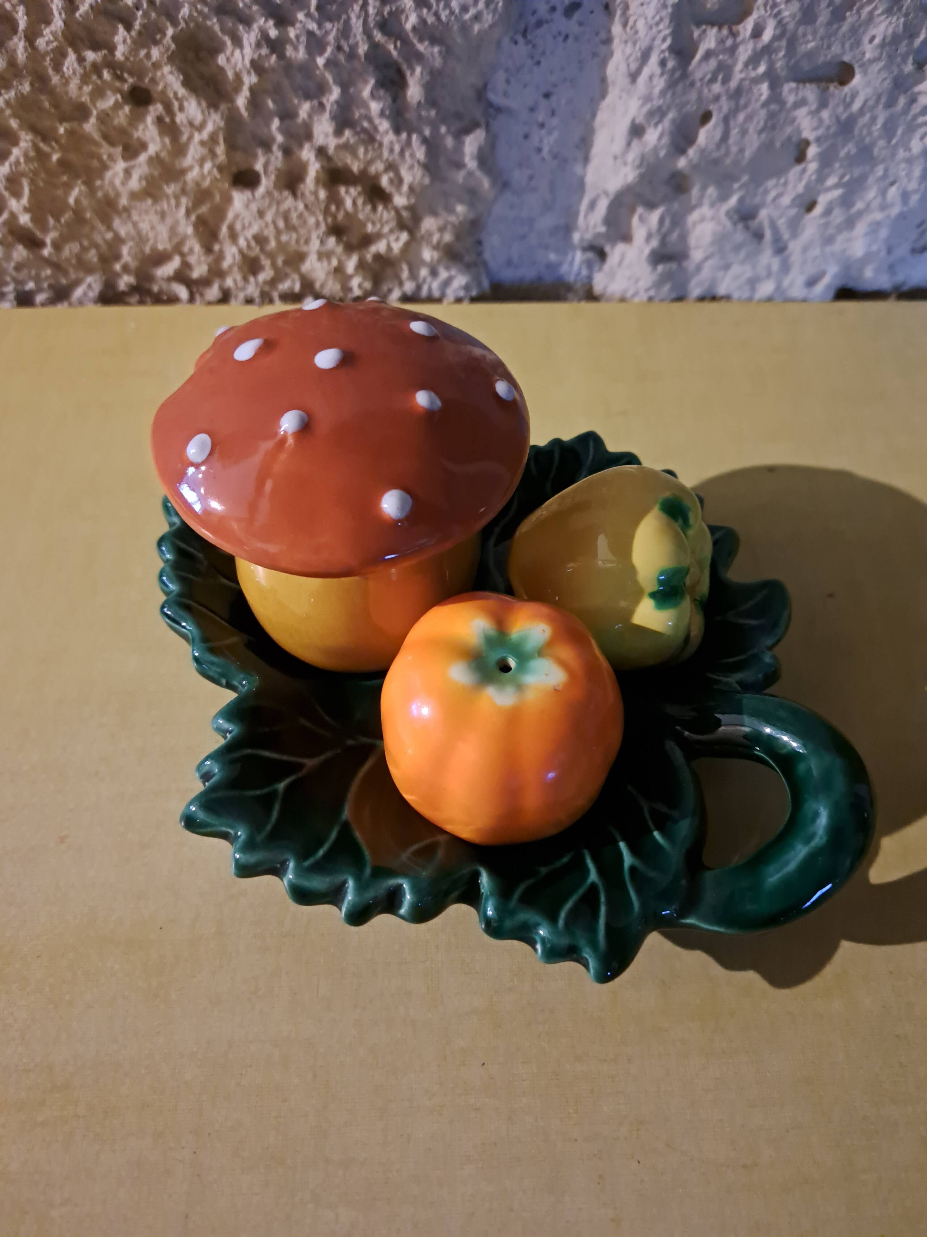 Salt shaker, pepper shaker, mustard slushie Vallauris vegetable and mushroom service