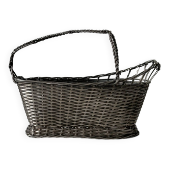 Bottle holder basket in woven silver metal