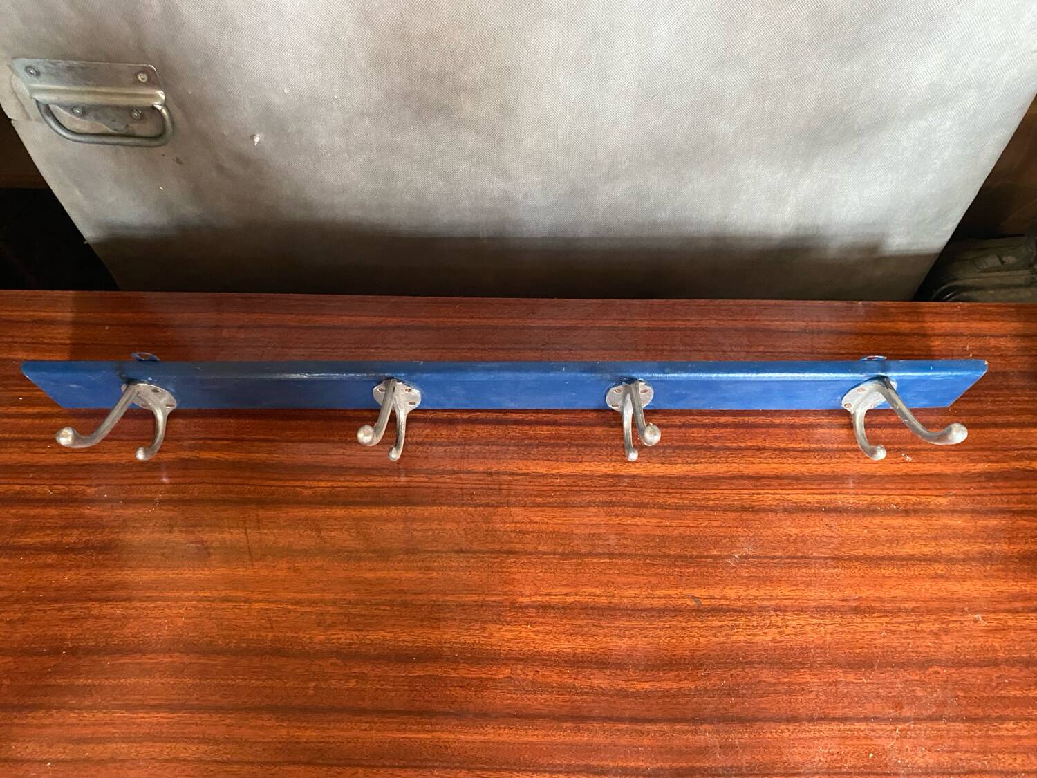 Old blue wood wall coat rack + 4 vintage aluminum hooks