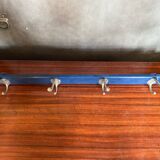 Old blue wood wall coat rack + 4 vintage aluminum hooks