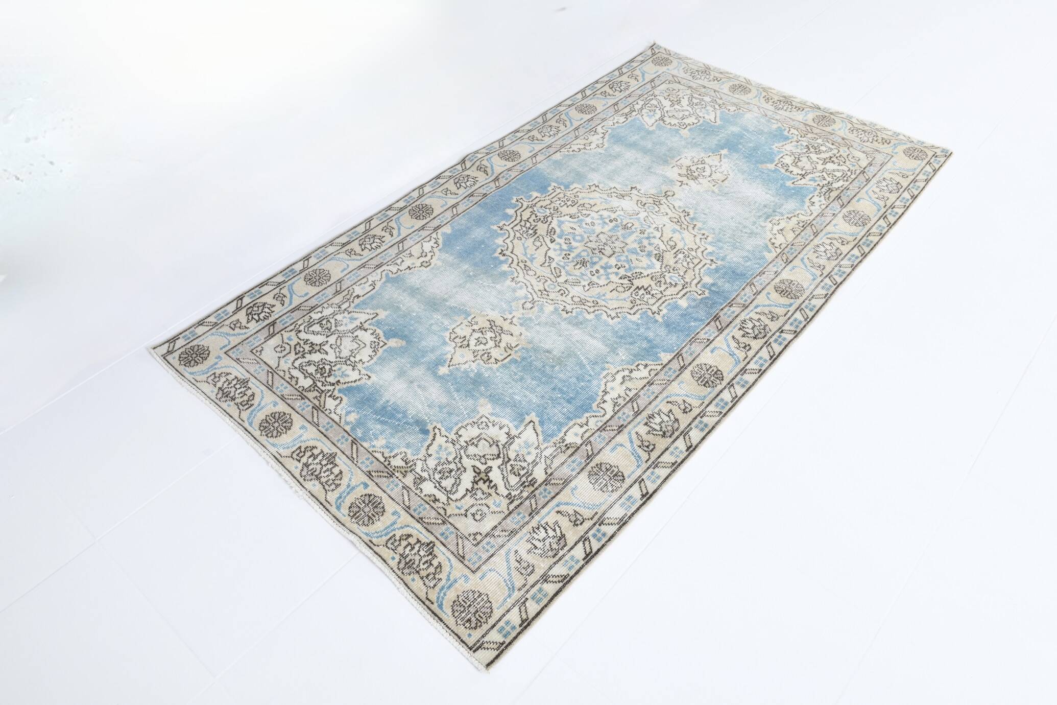 4x6 Sky Blue Orienta Classic Pattern Vintage Rug, 113x201Cm