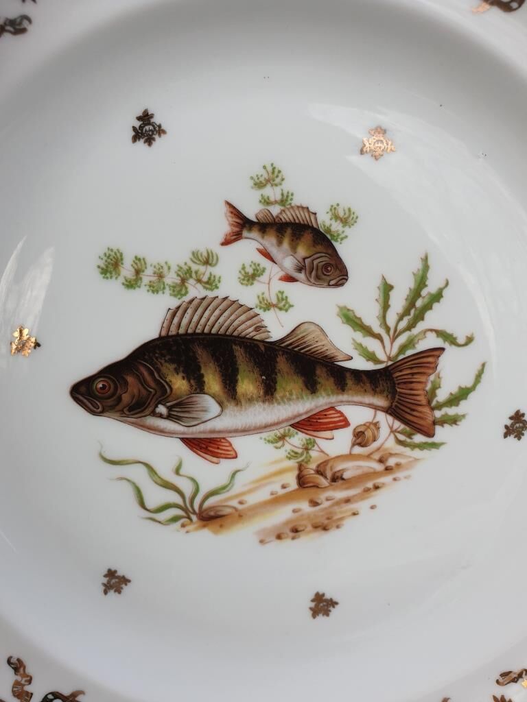 Set 12 plates porcelain gold fine fish fern limousine de Chastagner